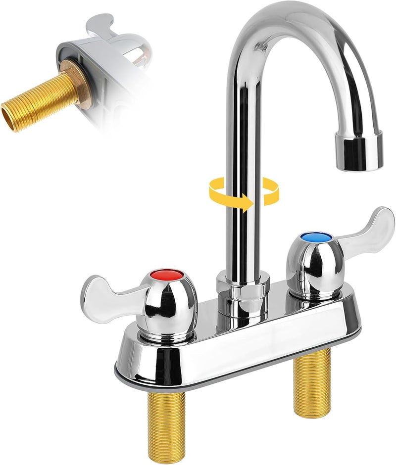 KWODE 4" Center Commercial Bar Sink Faucet, 2-Hole Deck Mount Utility Sink Faucet with 3-1/2" Gooseneck Swivel Spout & Dual Lever Handles for Laundry Tub RV Bar Sink, Brass Constructed, Chrome - Image 1